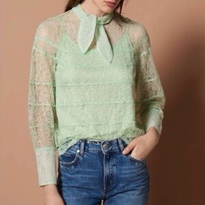 Sandro green tie neck lace blouse, size 1 small, mint condition